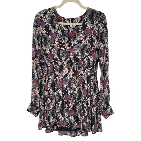 Free People Stealing Fire Floral Print Mini Dress Boho V-Neck Long Sleeve‎ Tunic - Picture 3 of 10